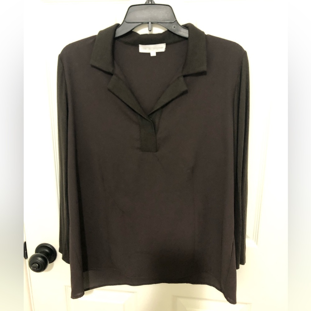 Lola & Sophie Long Sleeve Blouse Brown Ribbed V- Neck & Collar